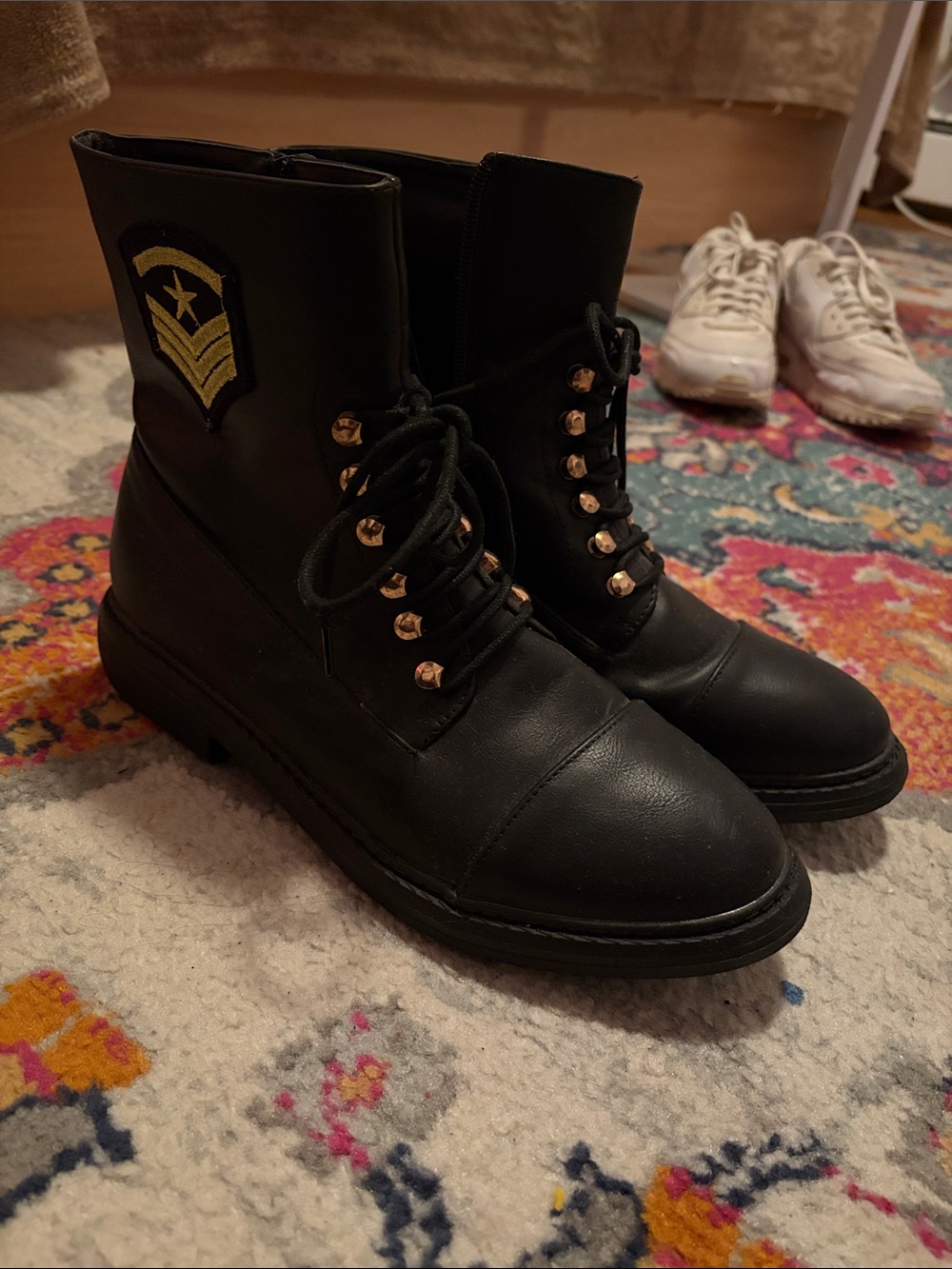 Hot Kiss Black Combat Boots with Gold Hardware and Patch